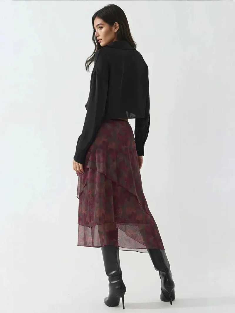 HICCUP Burgundy Red High Waist Midi Skirt with Floral Print for Women | Best Price UAE
