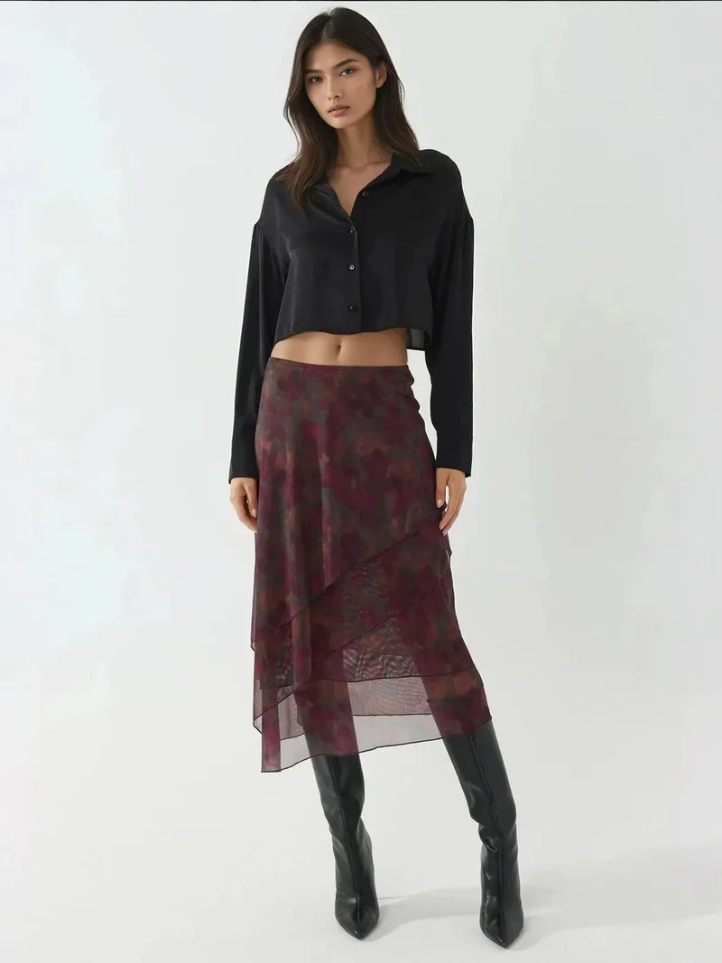 HICCUP High Waist Midi Skirt with Floral Print