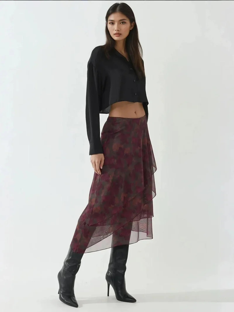 HICCUP Burgundy Red High Waist Midi Skirt with Floral Print for Women | Best Price UAE