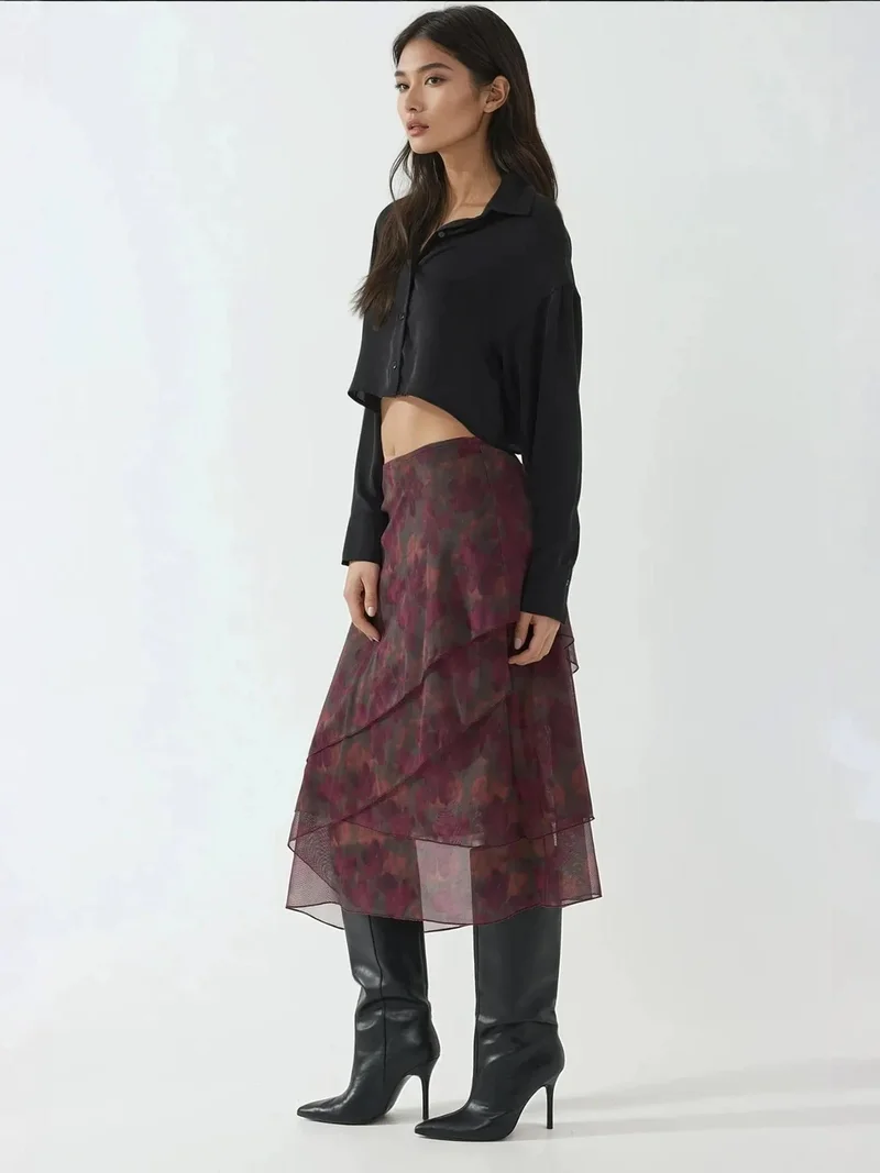 HICCUP Burgundy Red High Waist Midi Skirt with Floral Print for Women | Best Price UAE