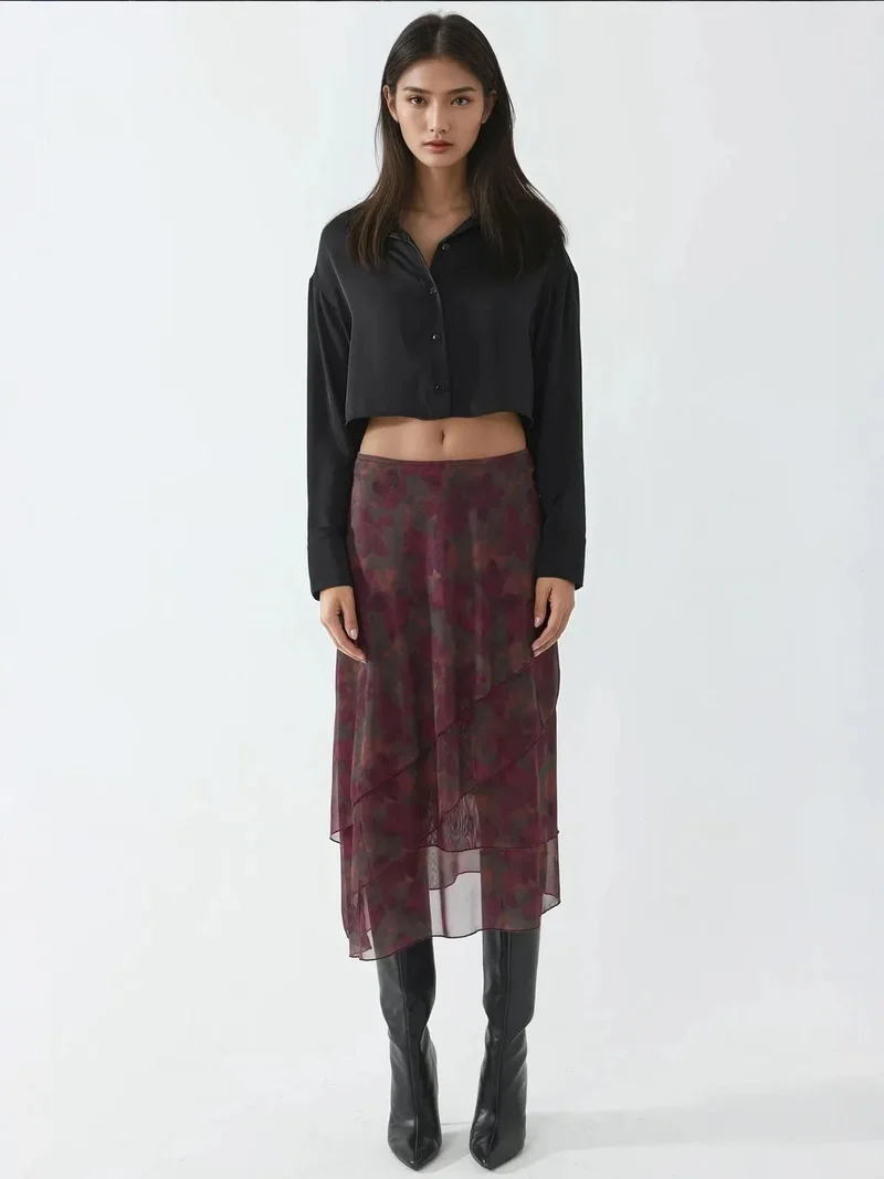 HICCUP Burgundy Red High Waist Midi Skirt with Floral Print for Women | Best Price UAE