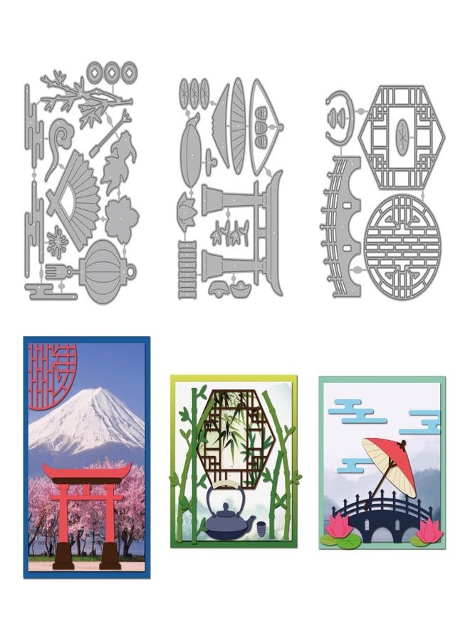 MAYJOYDIY Oriental Buildings Die Cuts for Card Making Bamboo Window Bridge Metal Cutting Dies Lotus Lantern Embossing Cutting Stencil for Scrapbooking Craft Paper Birthday Card Gift Decoration - Image 1