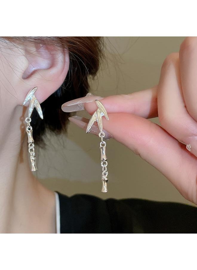 نيبمينينت New Chinese Bamboo Fan Tassel Ear Hook Style Retro Temperament Earrings Niche National Fashion 