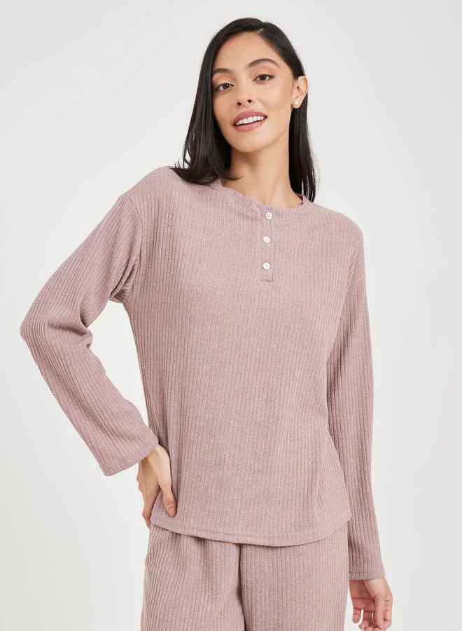 Styli Ribbed Button Placket Top & Trouser Lounge Set