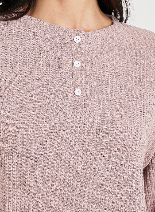 Styli Ribbed Button Placket Top & Trouser Lounge Set