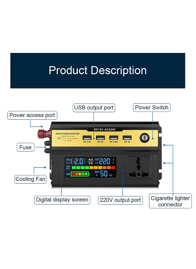 Generic - 6000W Car Power Inverter LED Digital Modified Sinewave Inverter 12V to 220V Converter with AC Outlets 4 USB Charging Ports for Car Vehicle Home Laptops - Image 1