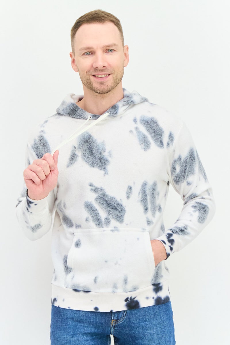 Feat Men Marble Print Fleece Hooded Sweatshirt, White - Image 1