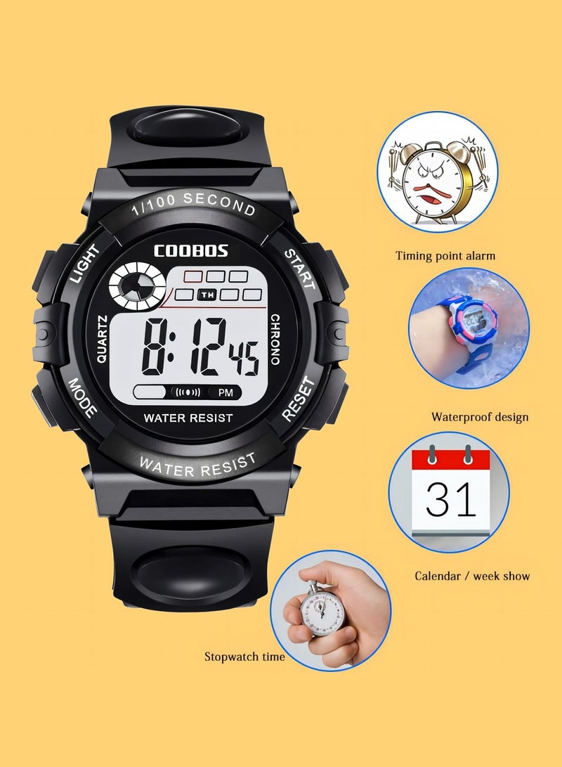 COOBOS Kids Water Resistant Rubber Digital Watch Black - Image 2