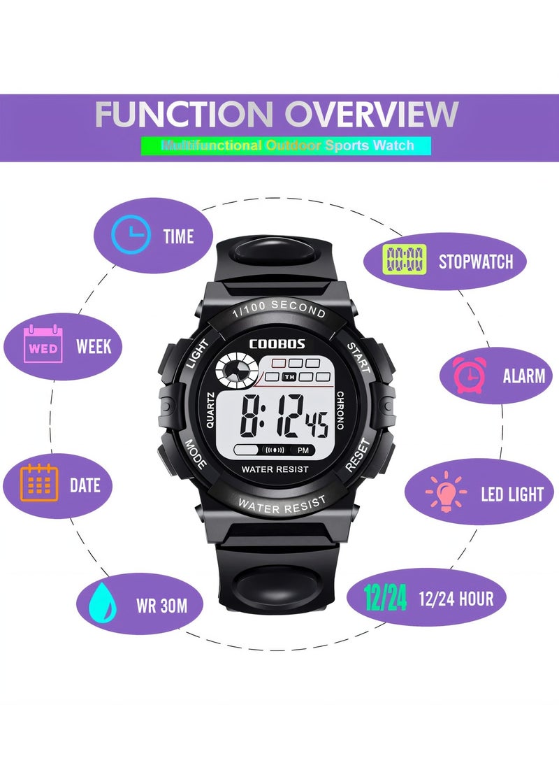COOBOS Kids Water Resistant Rubber Digital Watch Black - Image 4