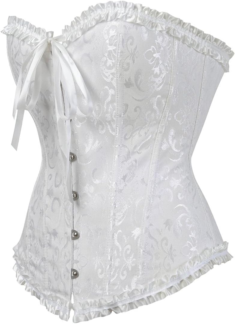 SACHUI® Corset for Women Lace-Up Overbust Bodyshaper | Satin Floral Boned Bustier Lingerie Top | Slimming Waist Trainer Shapewear| White | S - Image 2