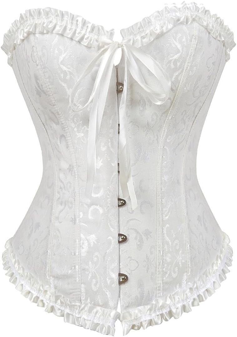 SACHUI® Corset for Women Lace-Up Overbust Bodyshaper | Satin Floral Boned Bustier Lingerie Top | Slimming Waist Trainer Shapewear| White | S - Image 1