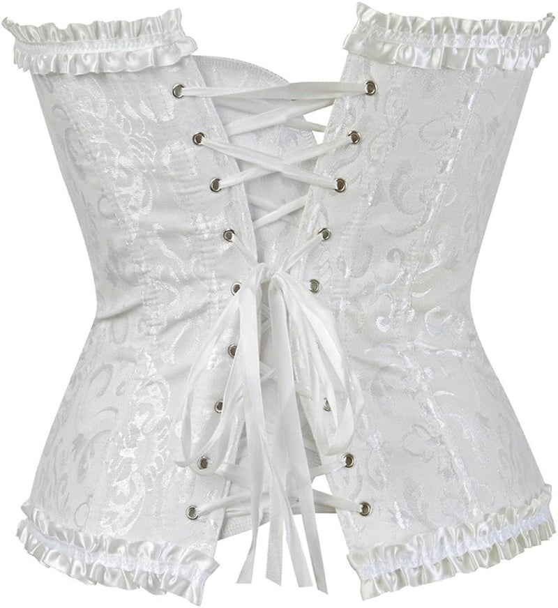 SACHUI® Corset for Women Lace-Up Overbust Bodyshaper | Satin Floral Boned Bustier Lingerie Top | Slimming Waist Trainer Shapewear| White | S - Image 4