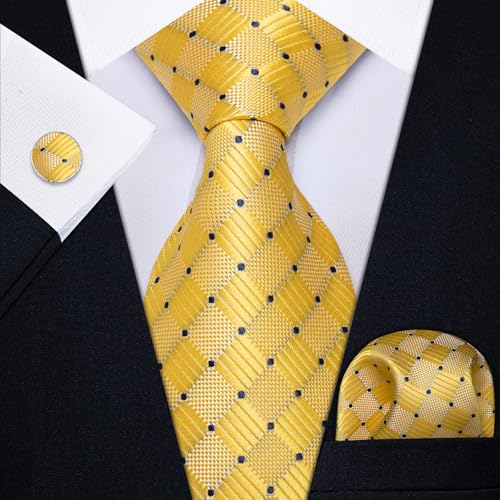 YourTies Yellow Ties for Men Silk Plaid Necktie Pocket Square Tie Clip Cufflinks Formal Business Wedding Prom Party - Image 2