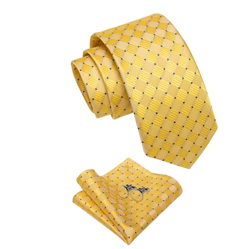 YourTies Yellow Ties for Men Silk Plaid Necktie Pocket Square Tie Clip Cufflinks Formal Business Wedding Prom Party - Image 4