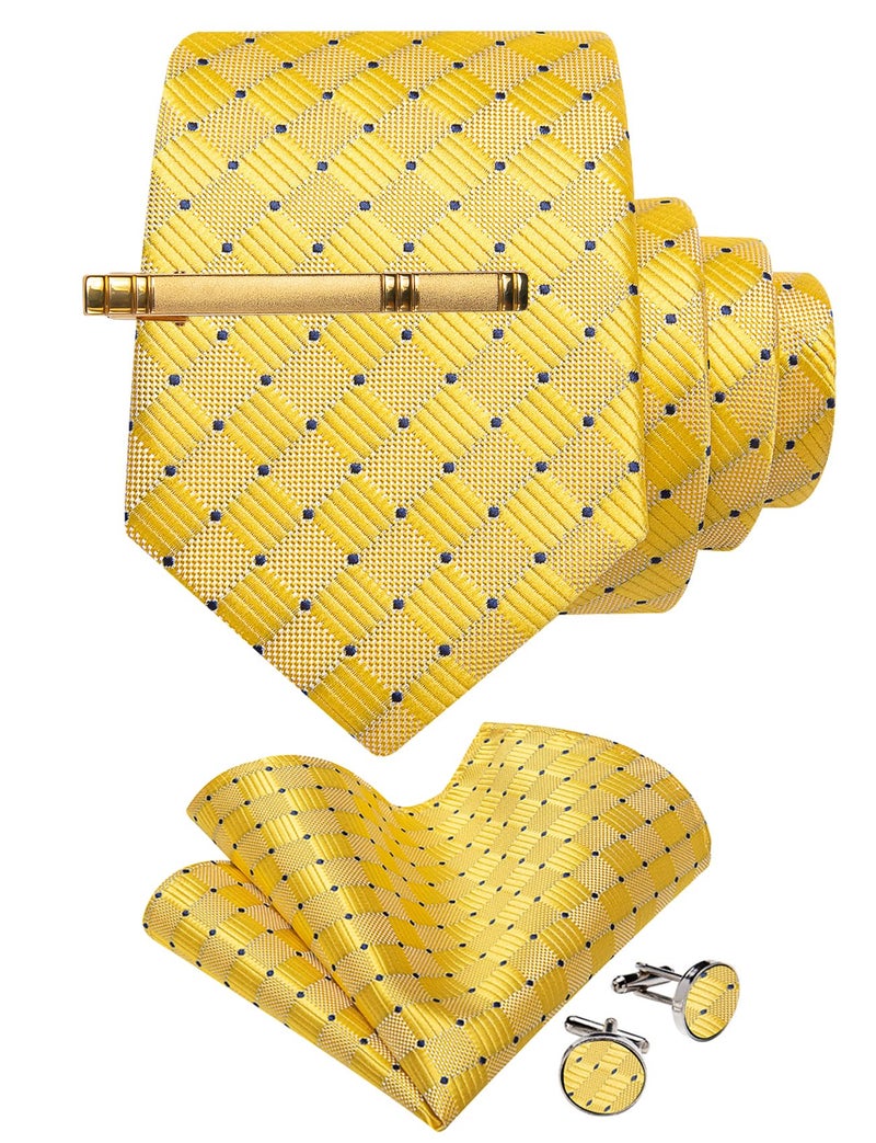YourTies Yellow Ties for Men Silk Plaid Necktie Pocket Square Tie Clip Cufflinks Formal Business Wedding Prom Party - Image 3