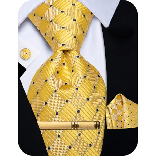 YourTies Yellow Ties for Men Silk Plaid Necktie Pocket Square Tie Clip Cufflinks Formal Business Wedding Prom Party - Image 1