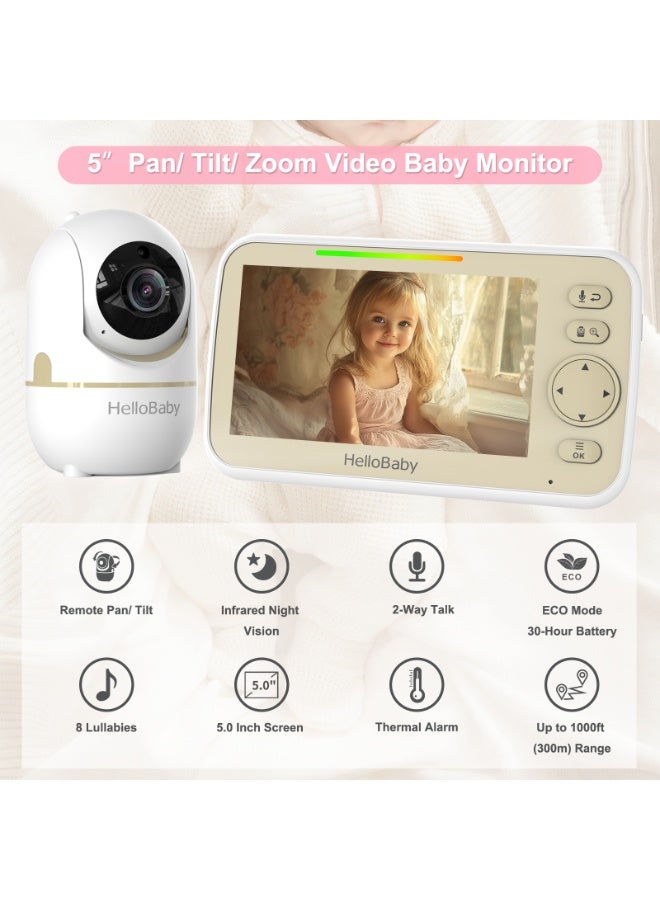 Hellobaby HB6550 2025 Model No WiFi Baby Monitor 5" Screen 30-Hour Battery Pan-Tilt-Zoom Video Upgrade with Camera and Audio, Night Vision, VOX, 2-Way Talk, 8 Lullabies and 1000ft Range - Image 2