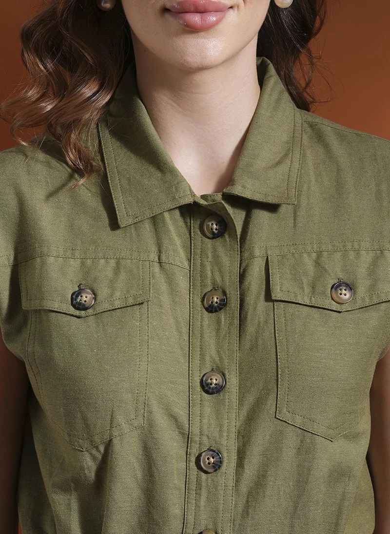 Globus  Globus Women's Olive Green Casual Shirt Collar Linen Playsuit with Button Closure for Women | Best Price UAE