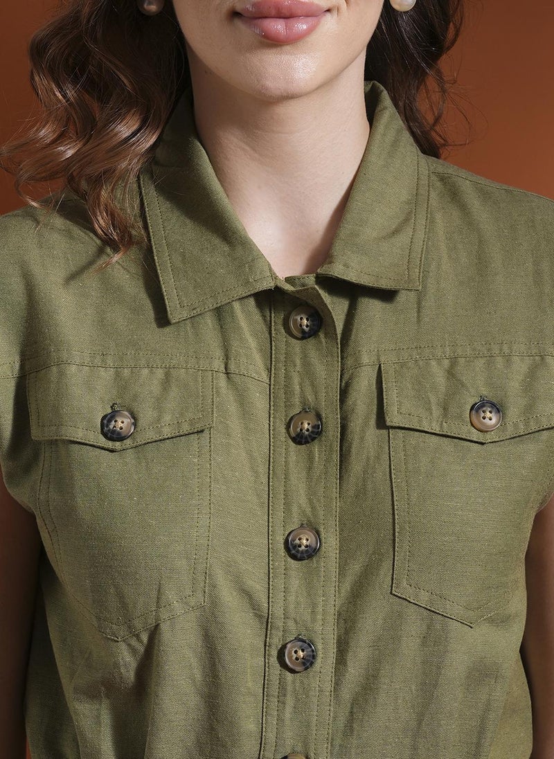 Globus Women's Olive Green Casual Shirt Collar Linen Playsuit with Button Closure - Image 5