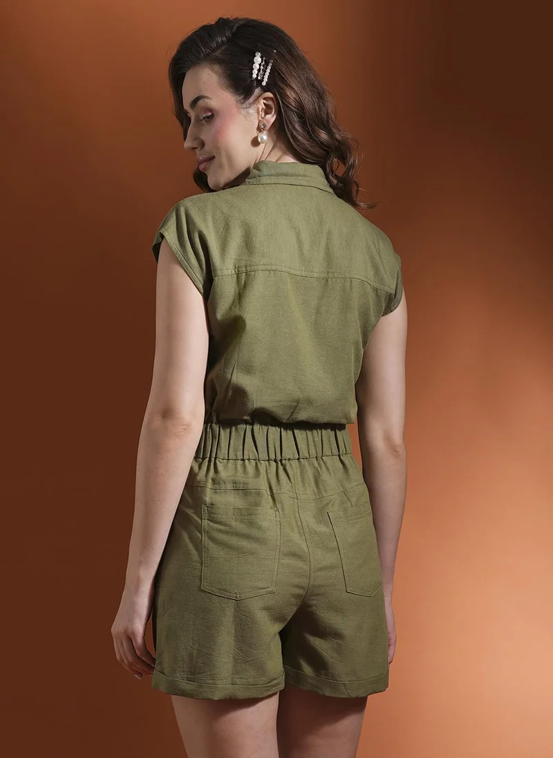 Globus  Globus Women's Olive Green Casual Shirt Collar Linen Playsuit with Button Closure for Women | Best Price UAE