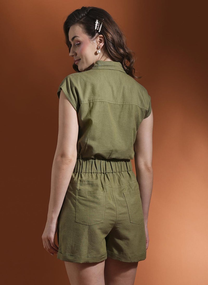 Globus Women's Olive Green Casual Shirt Collar Linen Playsuit with Button Closure - Image 4