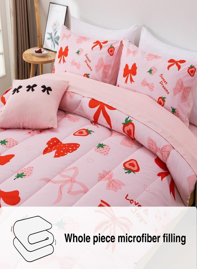 A Nice Night طقم لحاف أحمر جميل مع رباط، 6 قطع في حقيبة مع طقم ملاءات متطابقة، مجموعات سرير بشريط رباط لطيف، طراز أميرة بطباعة فراولة، ديكور غرفة وردي فاتح للفتيات، كامل - Image 5