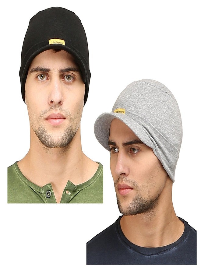 FabSeasons Cotton Skull Cap with Peak, Ideal for All Summer & Winters. Combo Pack of 2 (Gray, Black) - Image 1