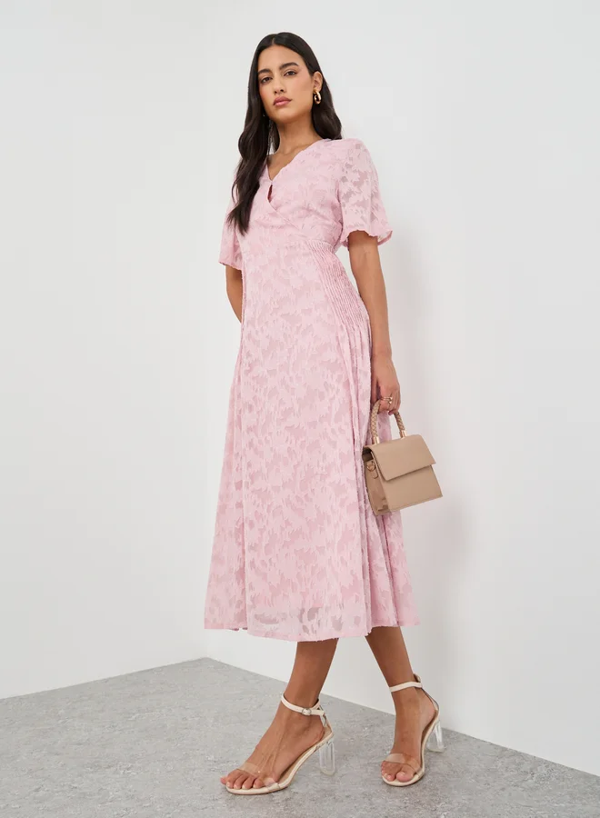 Take Two Take Two Texture Pleated V-Neck Short Sleeve Midi Dress