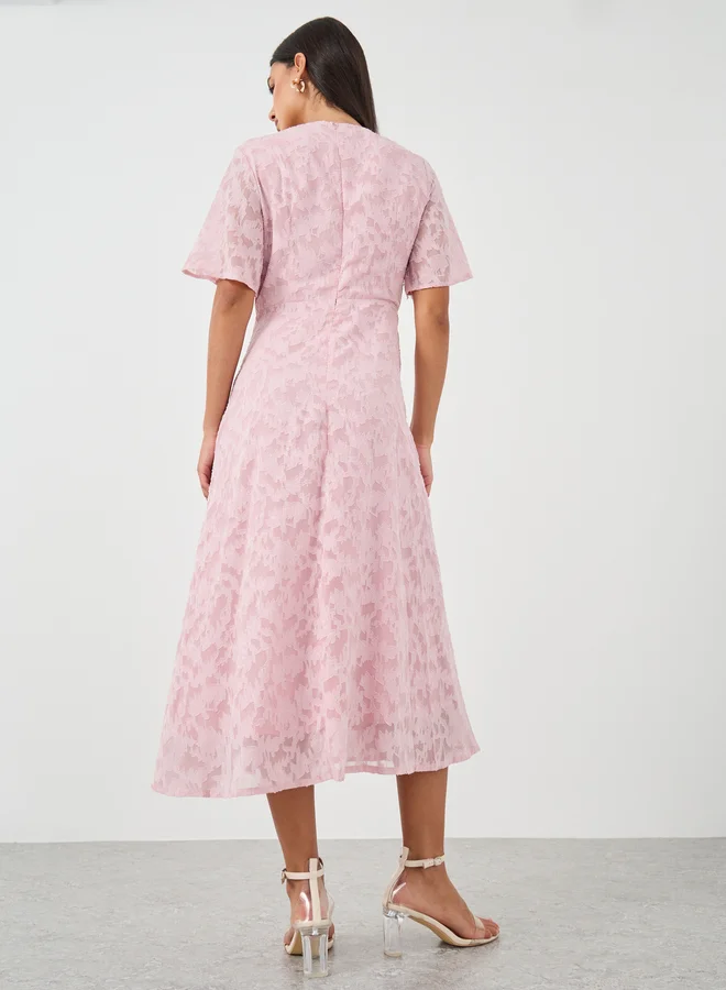 Take Two Take Two Texture Pleated V-Neck Short Sleeve Midi Dress