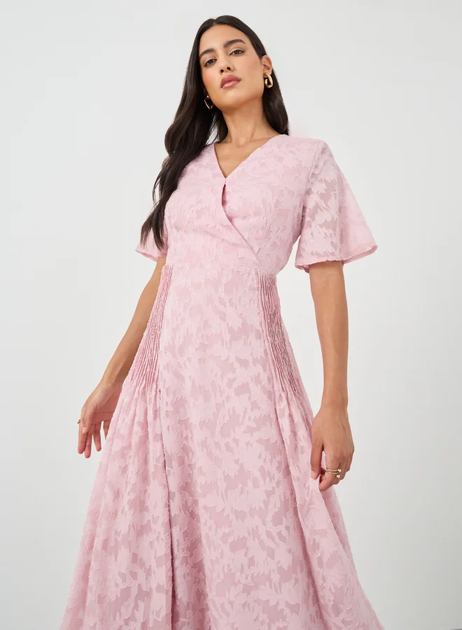 Take Two Take Two Texture Pleated V-Neck Short Sleeve Midi Dress