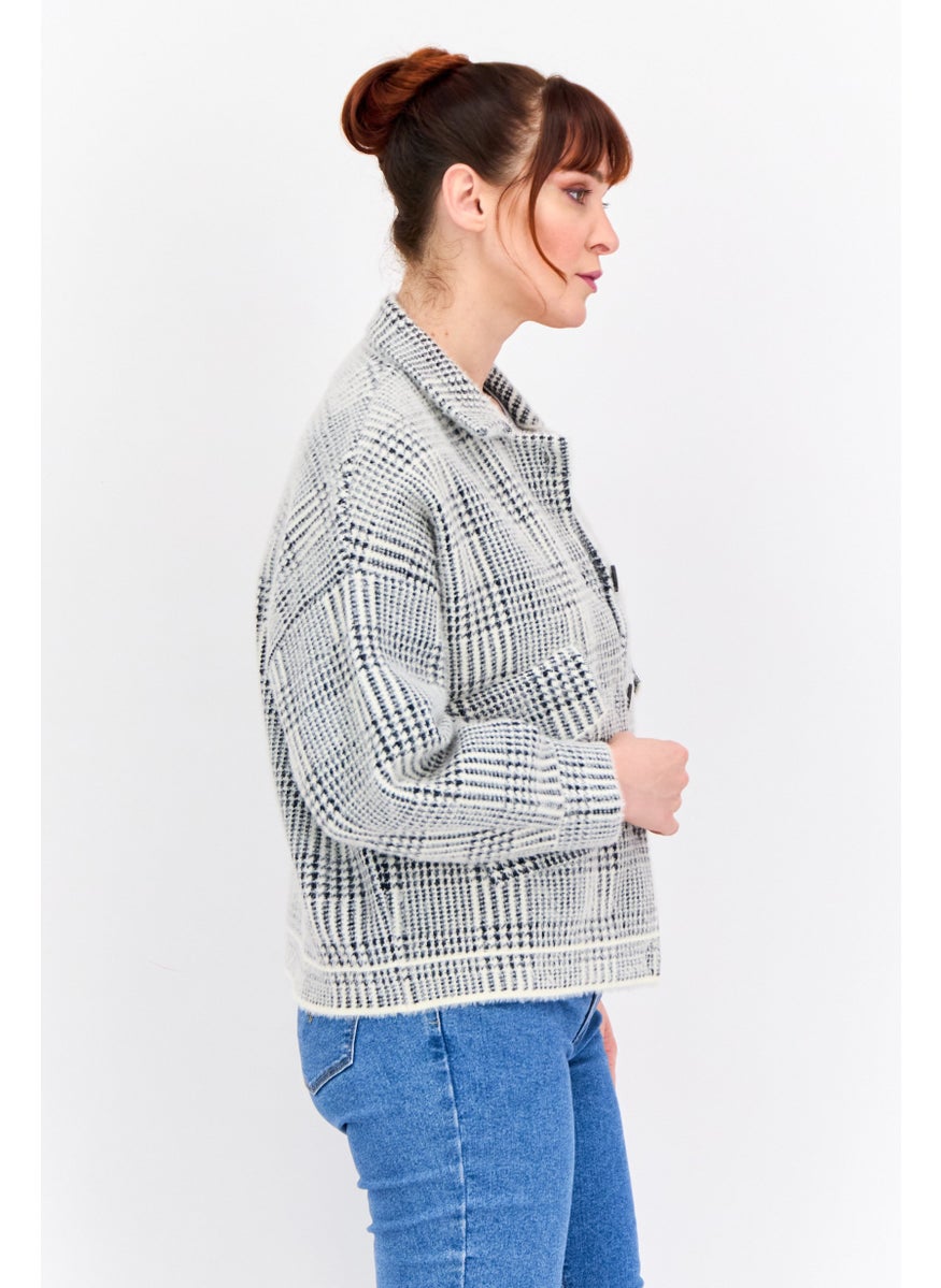 Sage The Label - Women Houndstooth Print Shirt Jackets, Ivory - Image 1