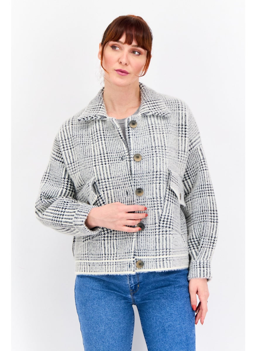 Sage The Label - Women Houndstooth Print Shirt Jackets, Ivory - Image 1