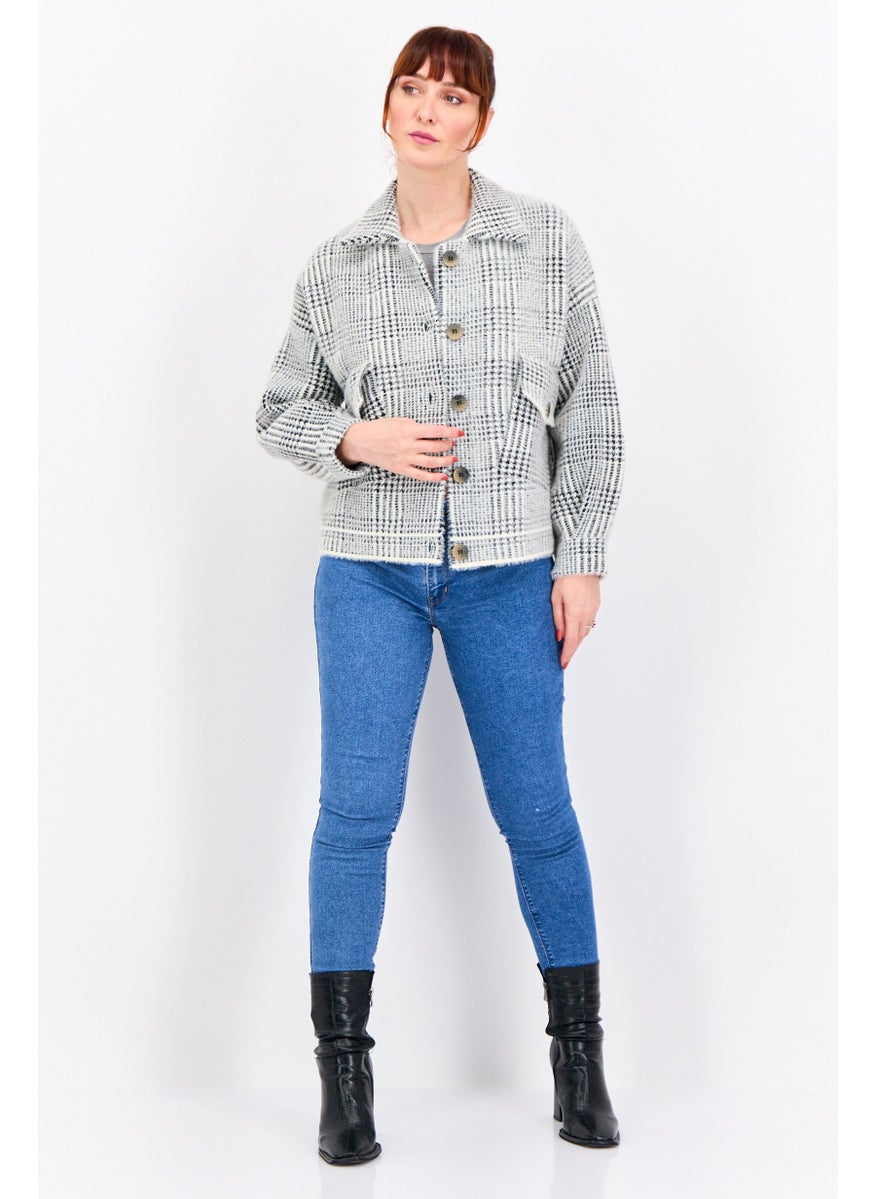 Sage The Label - Women Houndstooth Print Shirt Jackets, Ivory - Image 1