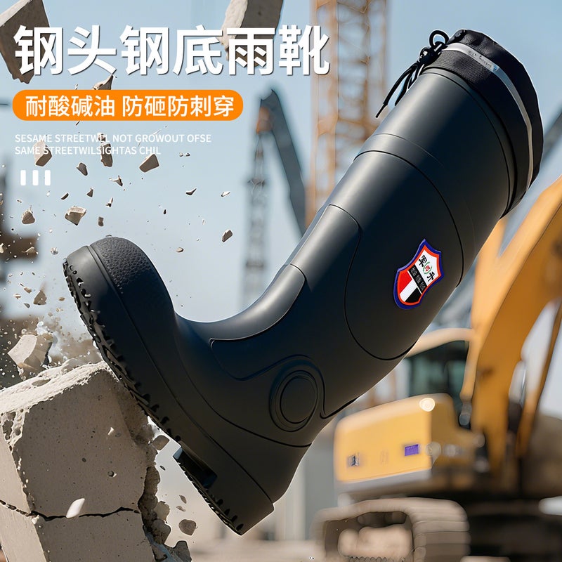Junsheng Black High-Top Labor Protection Boots For Men And Women With Reflective Beam Mouth, Steel Toe, Steel Sole, Anti-Smash, Anti-Stab, Deep Water Wear-Resistant Rubber Shoes - Image 4