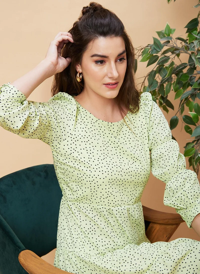 globus Globus Women Light Green Abstract Print Casual Dress with Round Neck and Tie Up Detail Sleeves