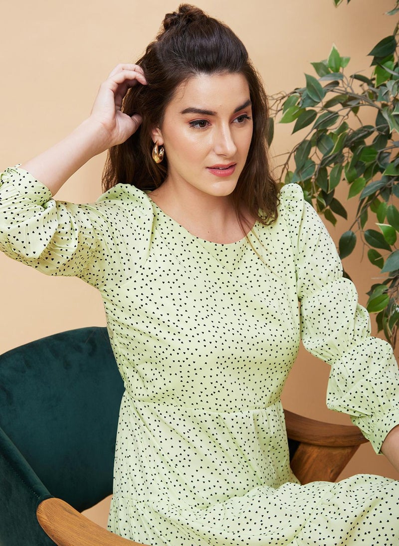 Globus Women Light Green Abstract Print Casual Dress with Round Neck and Tie Up Detail Sleeves - Image 1