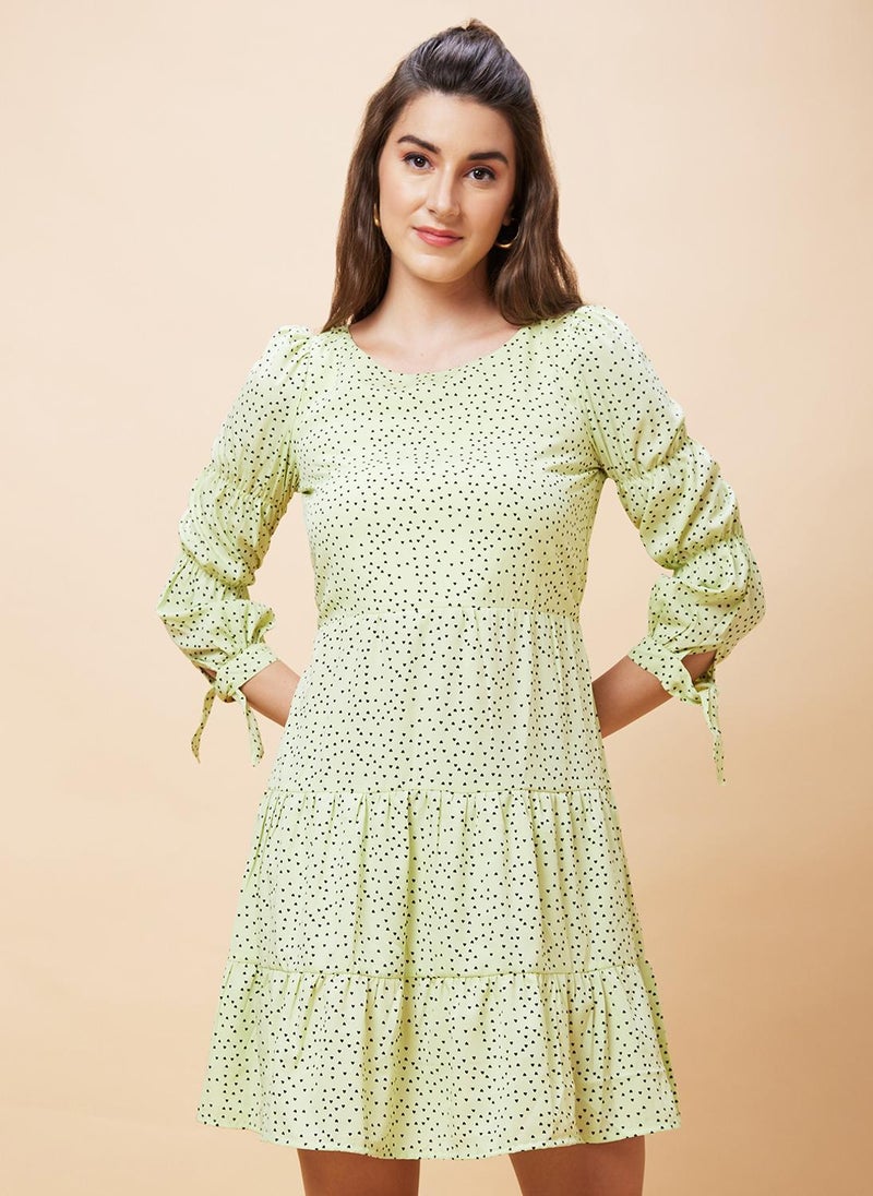 Globus Women Light Green Abstract Print Casual Dress with Round Neck and Tie Up Detail Sleeves - Image 3
