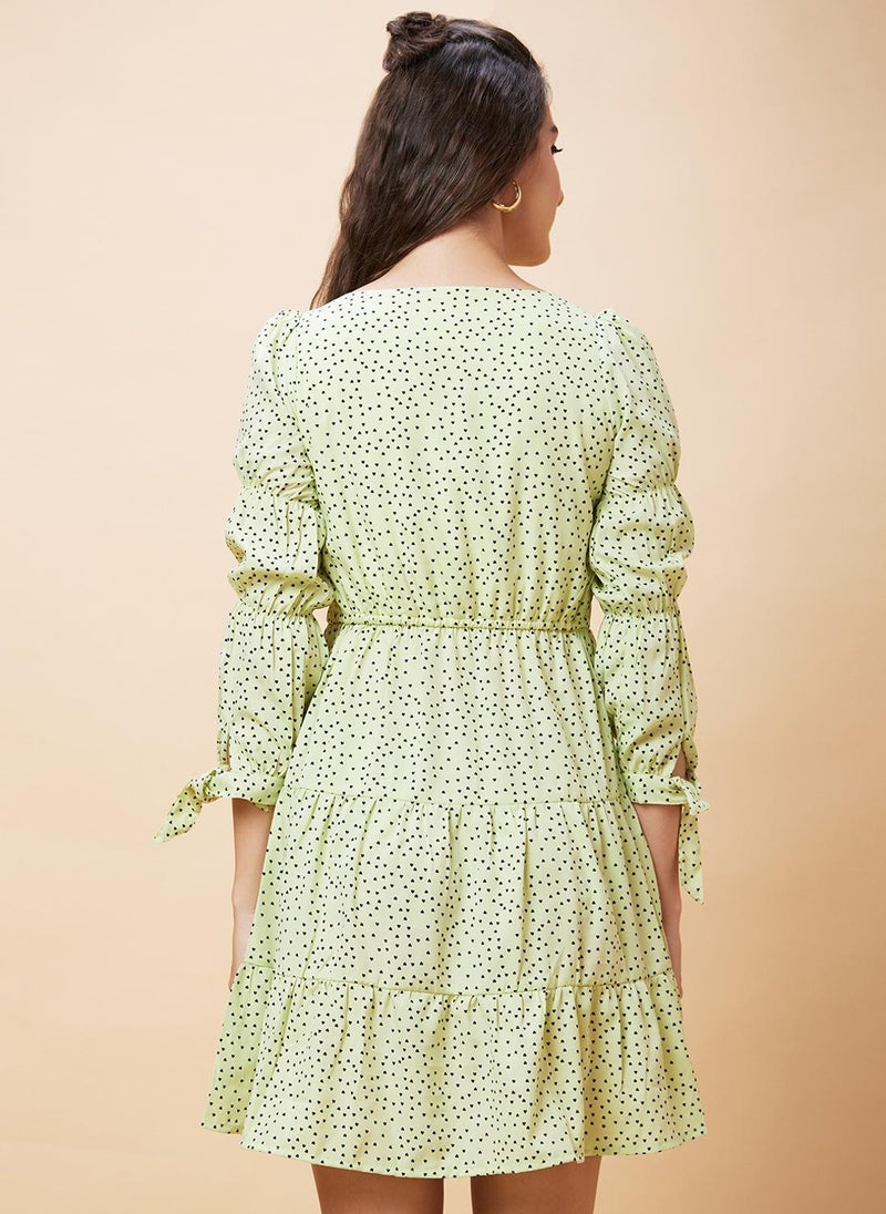 Globus Women Light Green Abstract Print Casual Dress with Round Neck and Tie Up Detail Sleeves - Image 5
