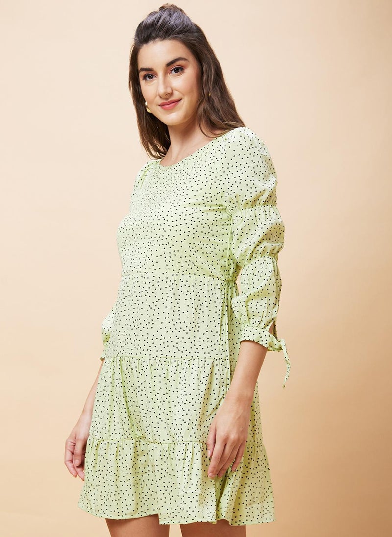 Globus Women Light Green Abstract Print Casual Dress with Round Neck and Tie Up Detail Sleeves - Image 4