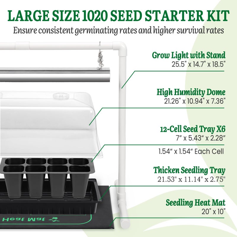 SOLIGT 1020 Size Seed Starter Kit with Grow Light and Heat Mat â€“ 7" Humidity Dome, 6x12 Cell Seed Starter Tray, Bright-Adjustable with 8/12/18H Timer & Stand for Seed Starting & Seedling Propagation - Image 3