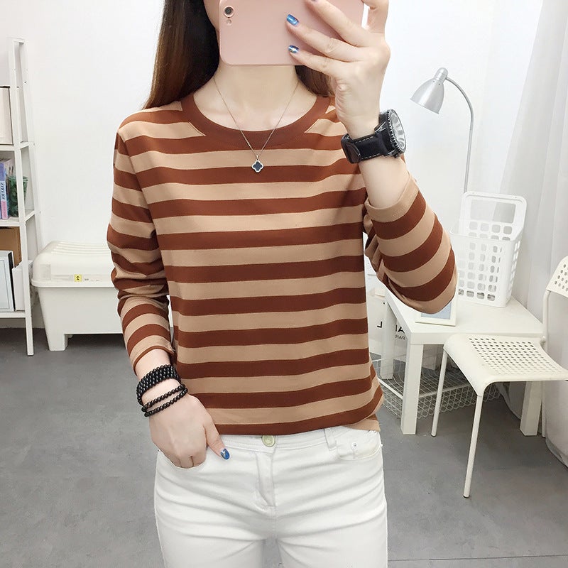 Chubby Girl Plus Size Loose Slimming Cotton Long-Sleeved T-Shirt Women'S Spring Striped 100.00Kg Base Shirt Mother Clothes - Image 3
