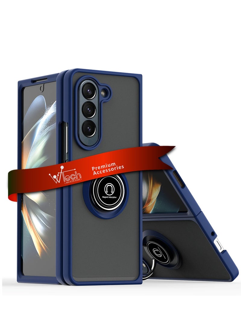 دبليو تيك قبضة إصبع خلفية شفافة مع حامل مغناطيسي وحامل حلقي مع غطاء حماية مدمج لهاتف سامسونج جالاكسي Z Fold6 5G 2024 أزرق داكن - Image 1