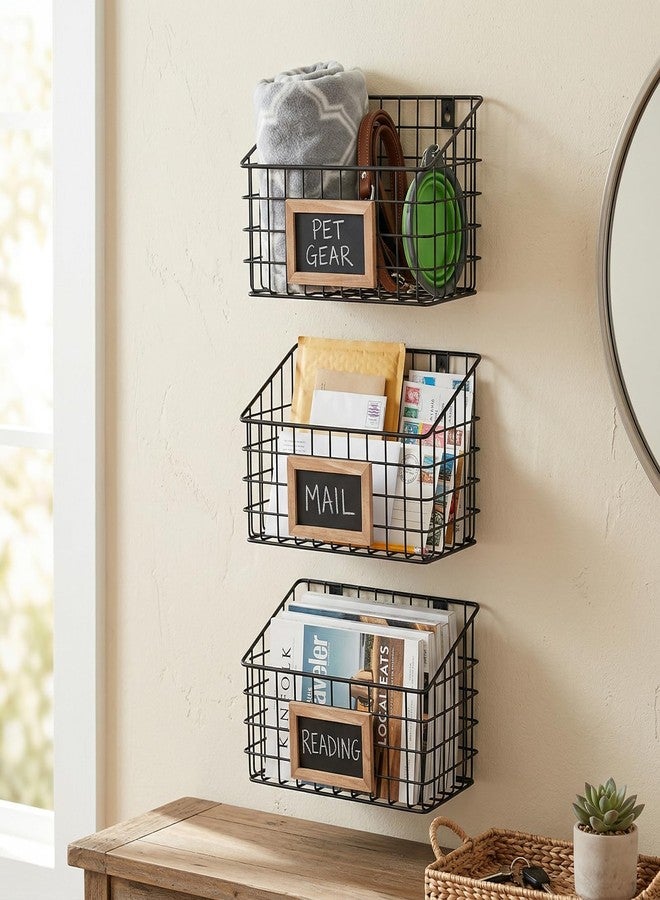 MyGift 10 Inch Wall Mounted Matte Black Metal Wire Storage Baskets with Chalkboard Labels, Small Hanging Organizer Bins for Home Entryway Kitchen Pantry Closet, Set of 3 - Image 2