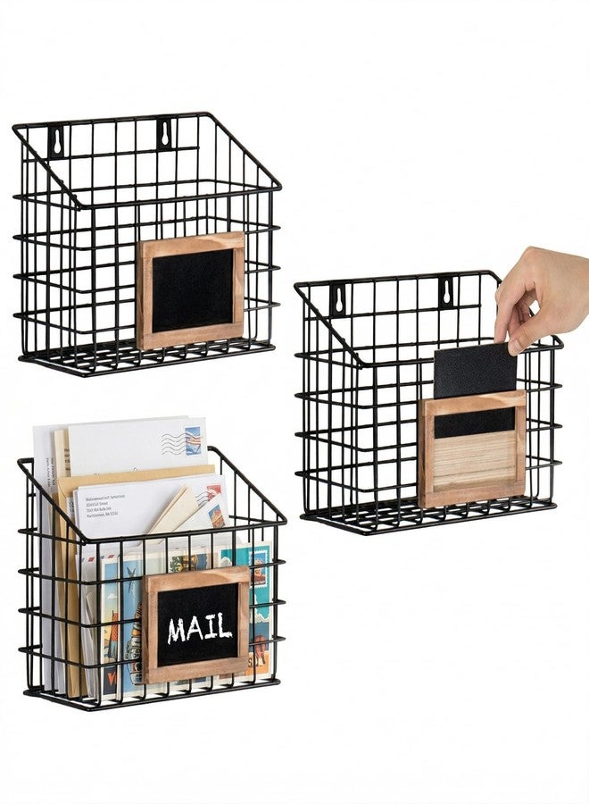 MyGift 10 Inch Wall Mounted Matte Black Metal Wire Storage Baskets with Chalkboard Labels, Small Hanging Organizer Bins for Home Entryway Kitchen Pantry Closet, Set of 3 - Image 1