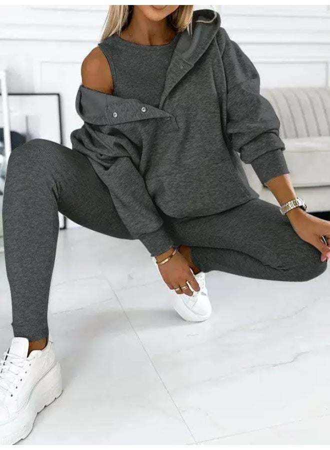 general Women's solid-color loose-fitting hooded sports casual pullover hoodie with strap and fitted pants three-piece set - Image 1