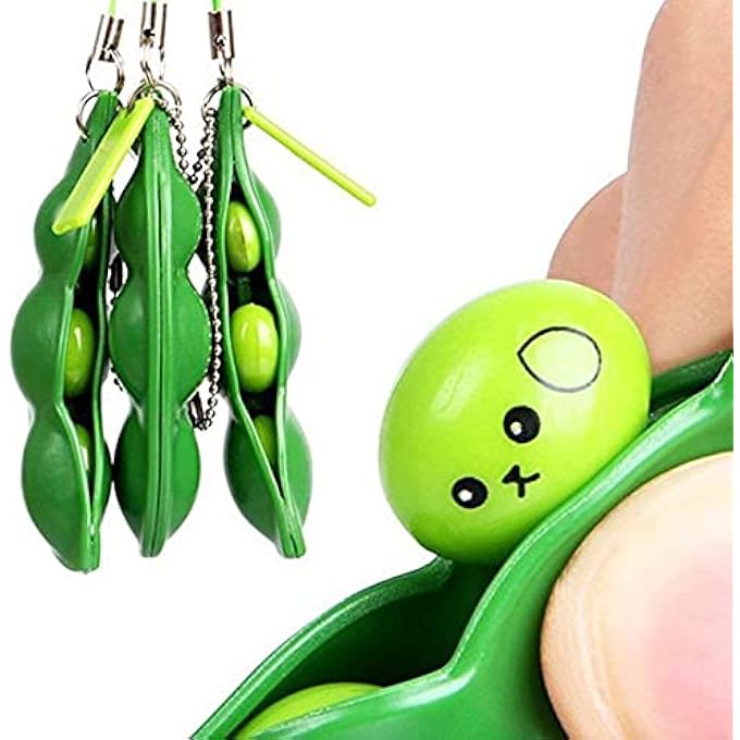 iMagitek 3 Pcs Fidget Toy Set, Squeeze-a-Bean Soybean Stress Relieving Playful Charms Extrusion Edamame Pea Keychain for Mobile Phones and Keys - Green - Image 1