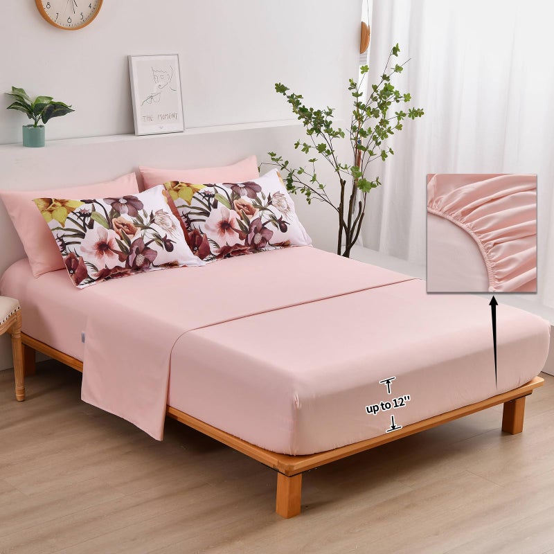 Luxudecor Floral Comforter Set Queen Size 7 Piece, Blush Flower Bed in a Bag, Elegant Floral Comforter with Sheet Set, Soft Microfiber Bedding Set for All Season (Blush, 90"x90") - Image 4