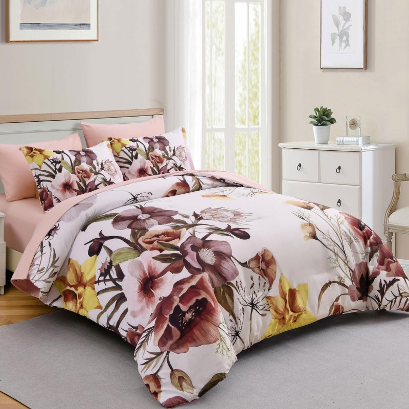 Luxudecor Floral Comforter Set Queen Size 7 Piece, Blush Flower Bed in a Bag, Elegant Floral Comforter with Sheet Set, Soft Microfiber Bedding Set for All Season (Blush, 90"x90") - Image 2