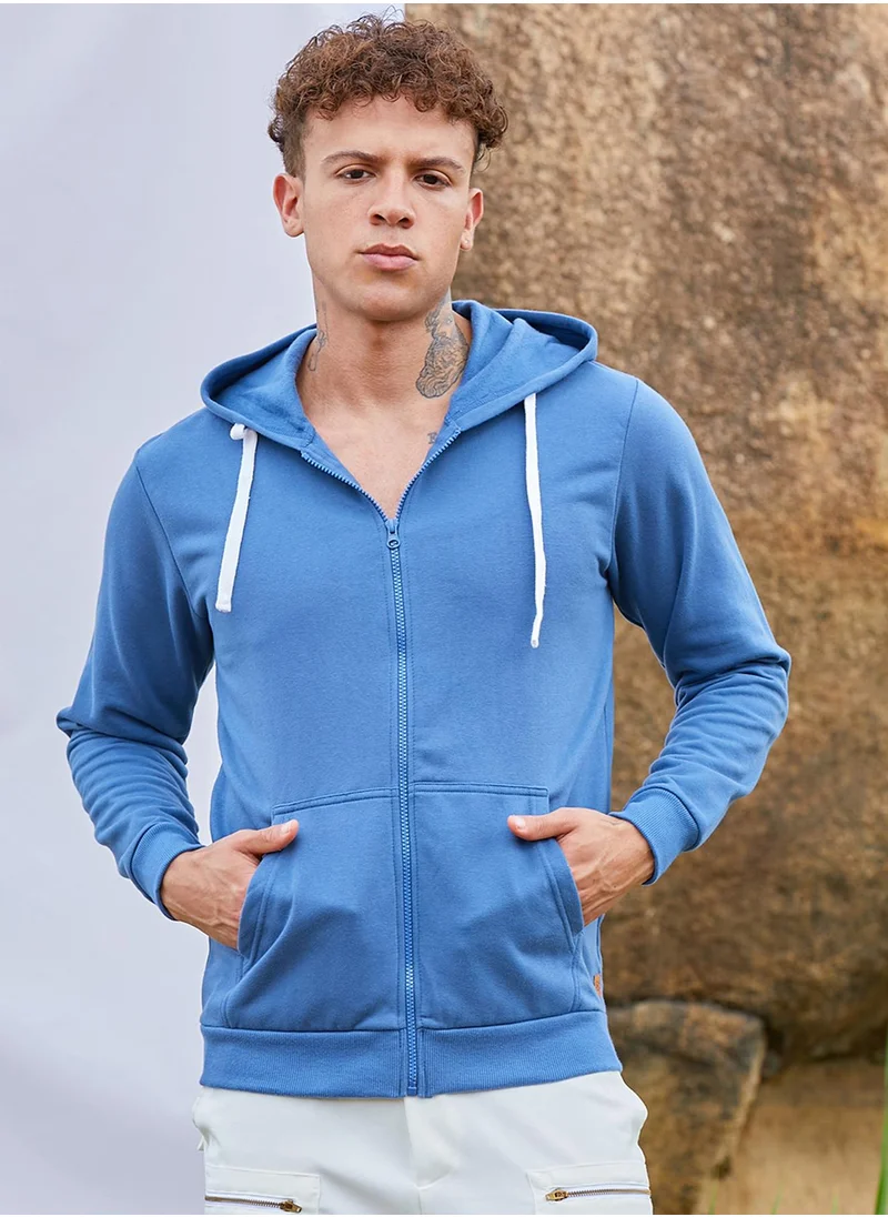 كامبوس سوترا Men's Azure Blue Zip-Front Hoodie With Contrast Drawstring