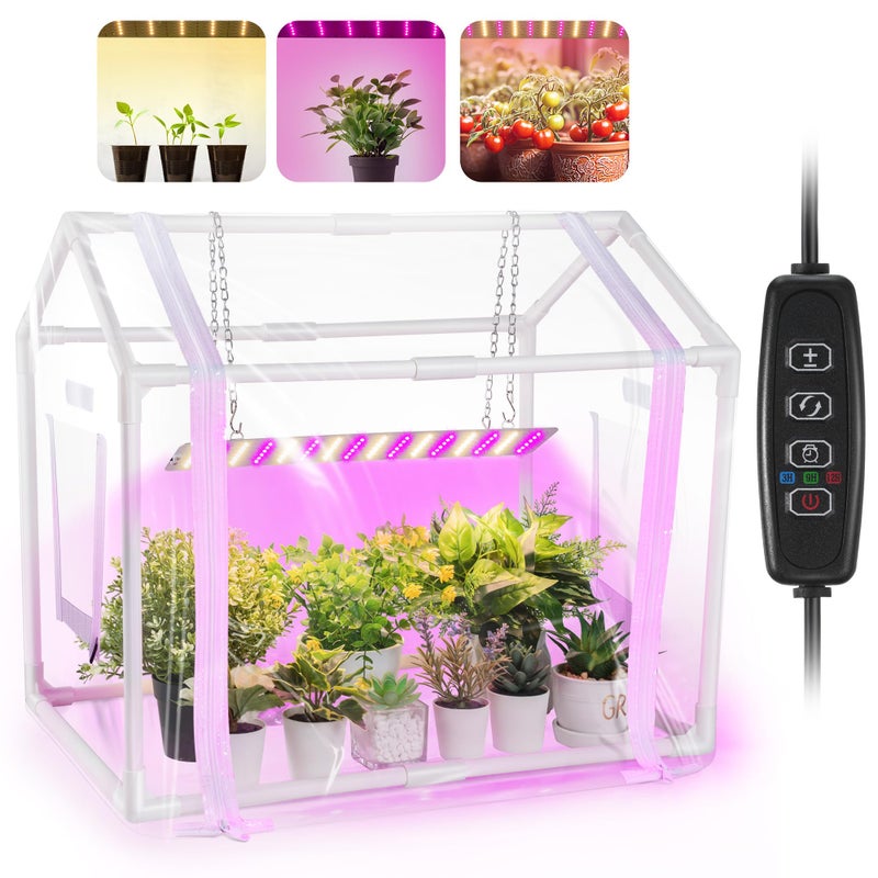Meonum Mini Greenhouse for Indoor Outdoor, Portable Green House with 15W Plant Dimmable LED Grow Lights, Timer, 3 Light Color Mode for Indoor Outdoor Seed Starter Tray(23.6"x15.7"x19.6") - Image 1